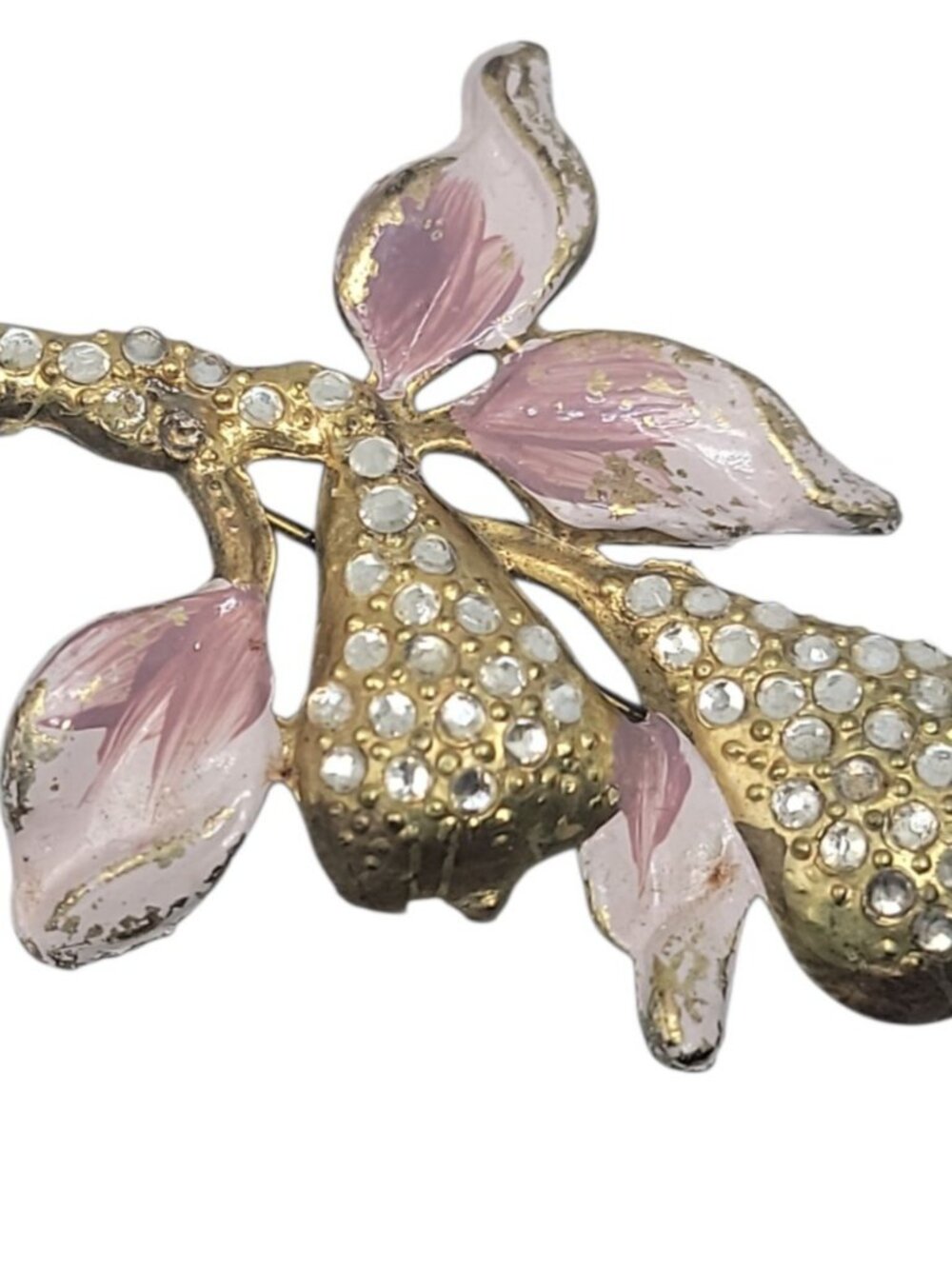 Vintage Period Pear Branch Rhinestone Brooch Pin Pink Gold Tone Dujay Copy - Picture 2 of 15